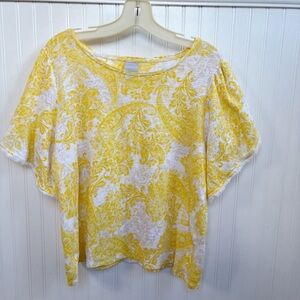 Chico’s Yellow & White Paisley Burnout Blouse Short Sleeves 100% Linen Sz Large